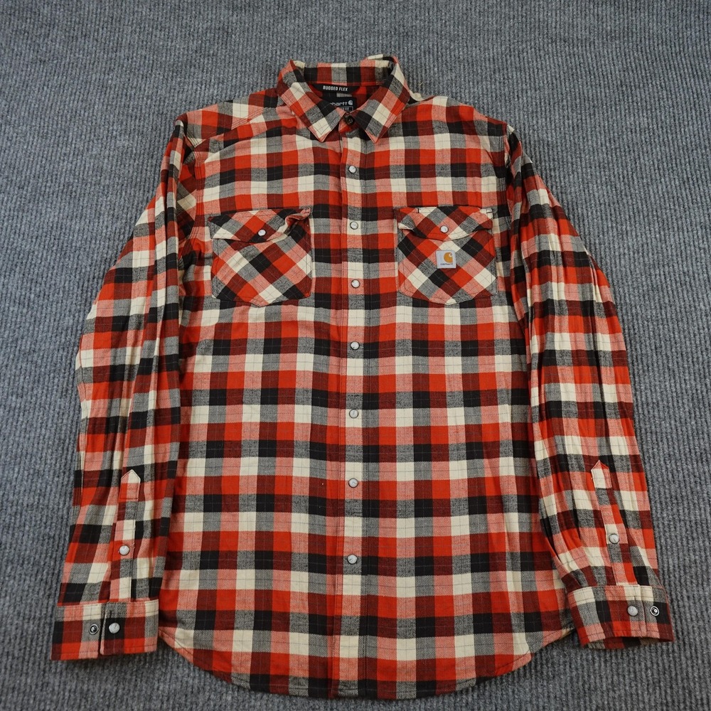 Carhartt Rugged Flex Flannel Shirt Mens Large Tall Red Plaid Pearl Snap Workwear